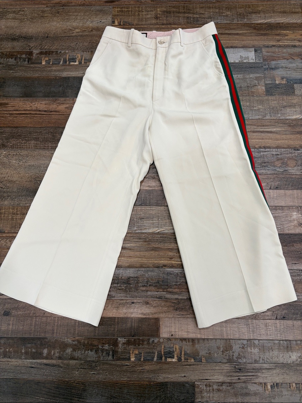 Gucci Cream Wide-Leg Chinos with Red & Green Side Stripe